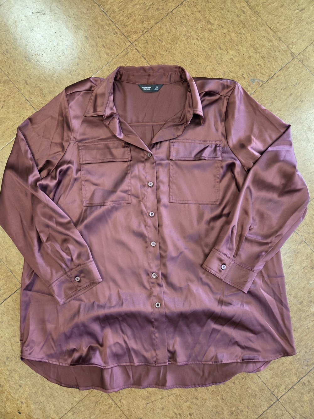 Simply Vera Vera Wang Satin Button-Down Shirt in Mauve Rose